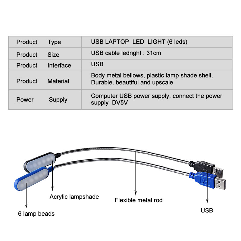Fleksible 5v usb ledet-boklys 6 ledet-bærbar lampe kan brukes til datamaskin pc bærbar pc stasjonær usb-grensesnitt