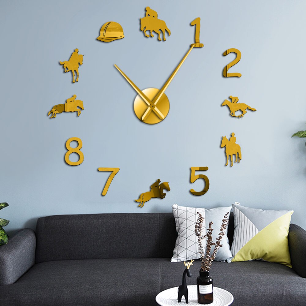 Cow-boys équestres bricolage grand nombre horloge murale moderne équitation sans cadre montre murale géant 3D miroir autocollant mural cavalier
