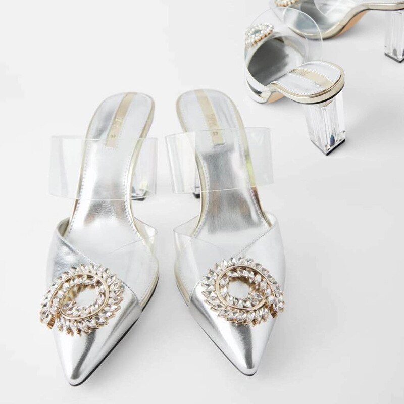 Summer Sandals for Women with Pointed V Shallow Chunky heel Transparent Belt With Crystal buckle Slingbacks