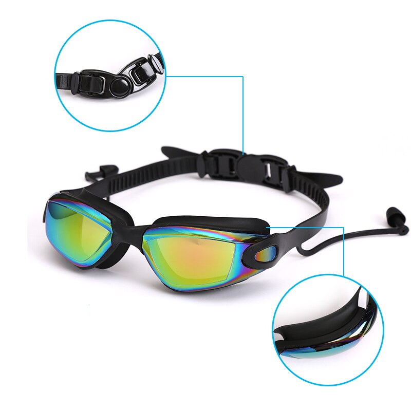 Goggles Black Swimming Glasses with Earplugs Nose Clip Electroplate Silicone Swim GlassesAdults Antifog Swimming