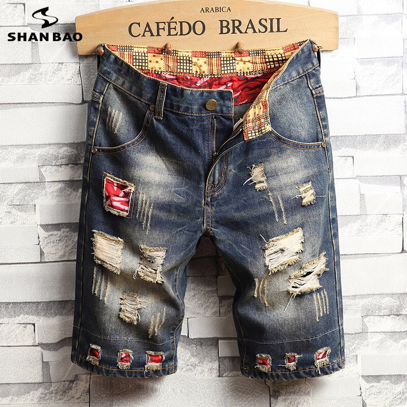 Sommer trend patch personlighed hul mænd casual denim shorts sommer tynde sektion lige jeans shorts