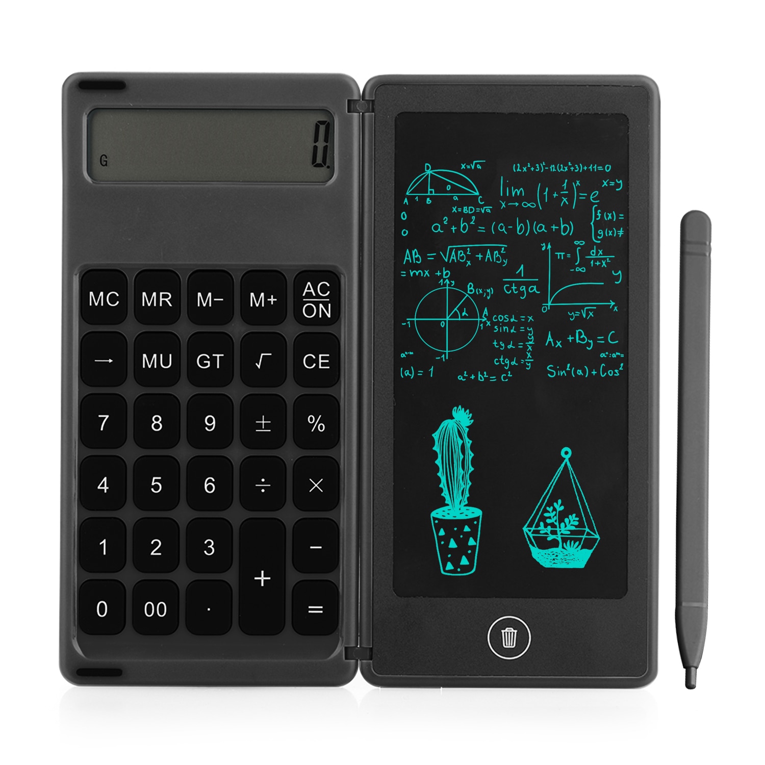 Foldable Calculator & 6 Inch LCD Writing Tablet Digital Drawing Pad 12 Digits Display with Stylus Pen Erase Button Lock Function