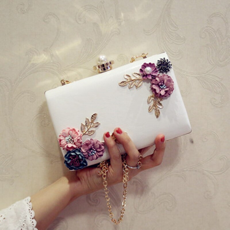Dames leren avondtas, diner, feest, bruiloft, bloemen clutch (wit)