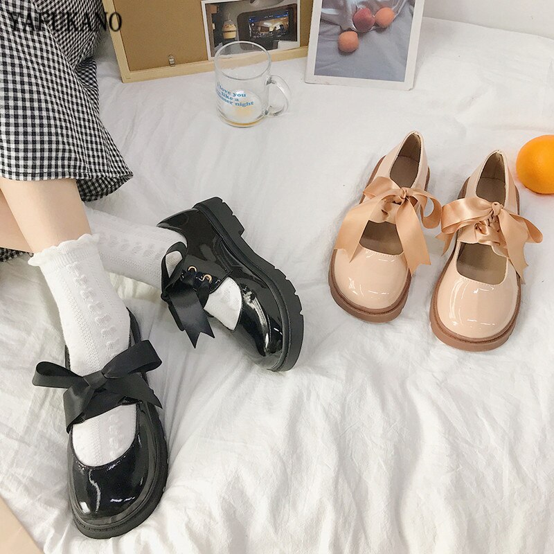 Autumn Ribbon Lace-up Japanese Small Leather Shoes Student Uniform Thick-Soled Mary Janes Flats British Style Big Head Doll Shoe