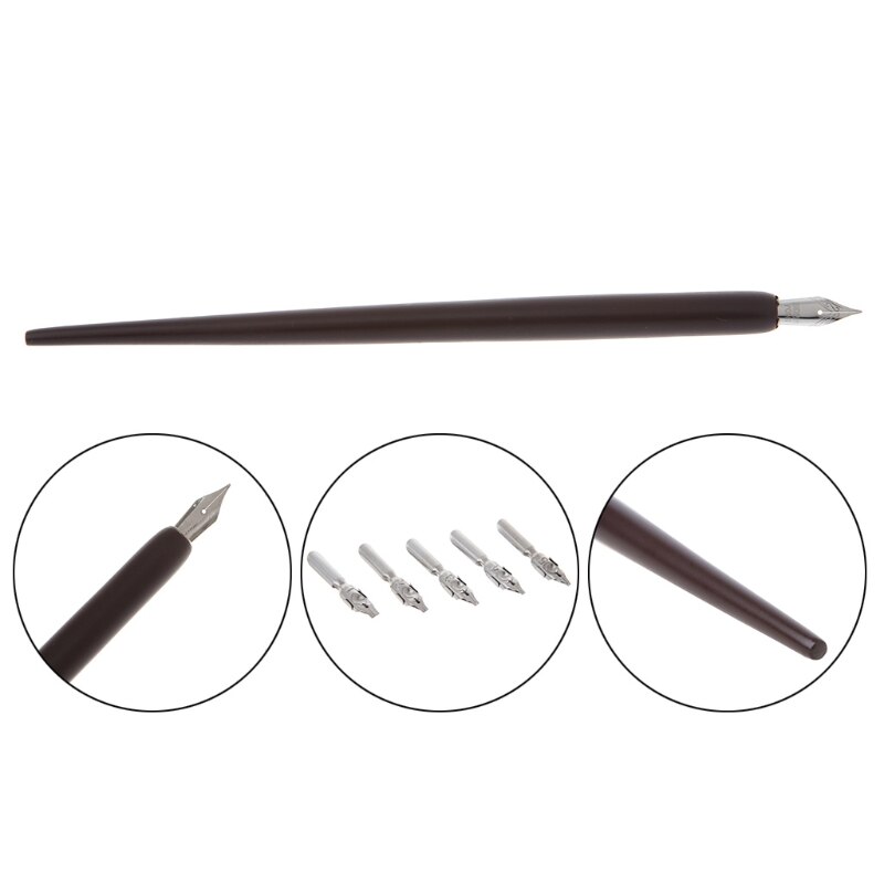 Wood English Calligraphy Pen Copperplate Script Oblique Dip Pen Holder + 5 Nib