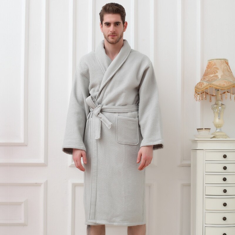 Thick Cotton Men's Bathrobes Long Soft Warm Gentlemen Homewear Male Robe Sleepwear Lounges Pajamas Bathrobes White Winter Autumn: GREY / XL