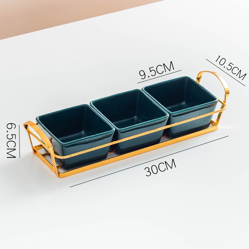 Plato de fruta dividido de cerámica, vajilla de lujo ligera para aperitivos, sala de estar, plato de fruta seca, plato de fruta para postre: 3 grids-pure green