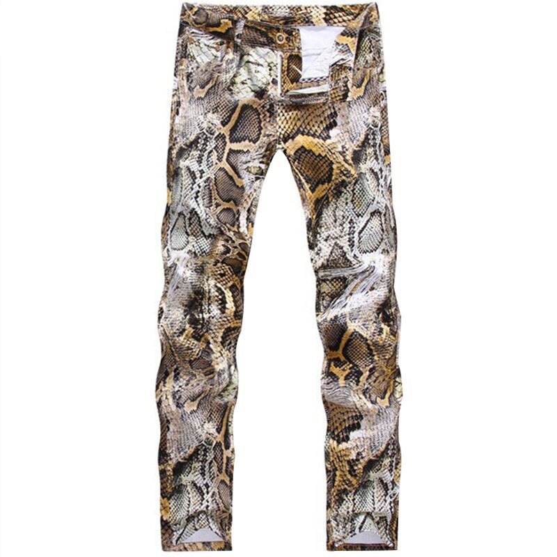 Mens Snakeskin Printed Jeans Slim Fit Skinny Night Club DJ Trousers Pants Slacks For Male Plus Size man pants jeans