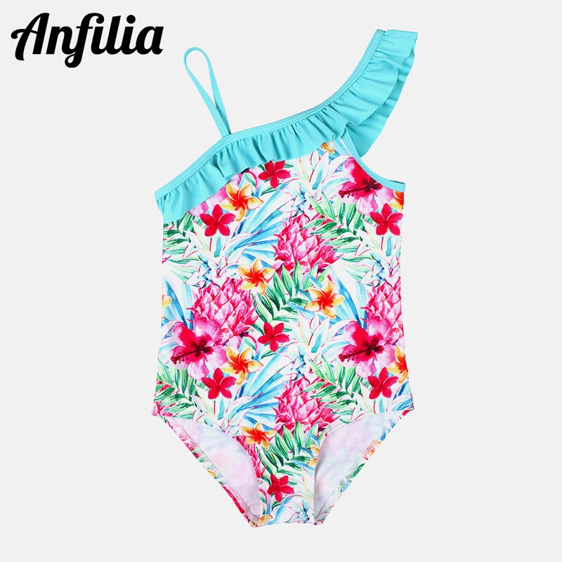 Anfilia piger ét stykke badedragter blomstermønster en skulder badetøj børn flæse søde bikini strand slid vandmelon ét stykke