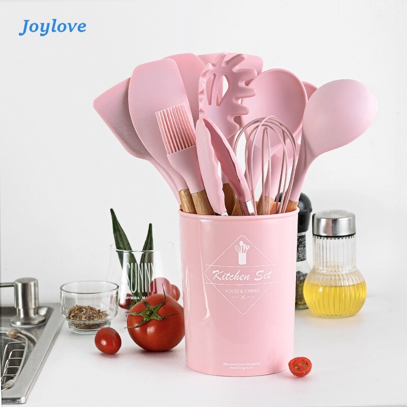 JOYLOVE 11 Uds conjunto de utensilios de cocina de silicona, mango de madera sólida rosa con caja de almacenamiento, Kit de utensilios de cocina accesorios de herramientas de cocina
