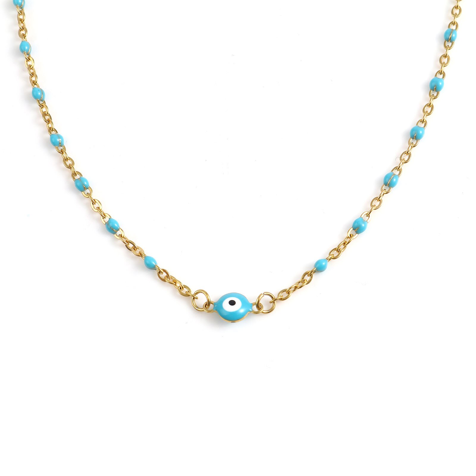 Religious Stainless Steel Link Cable Necklaces Enamel Round Evil Eye Connector Chains Necklace For Women Neck Jewelry Findings: 10