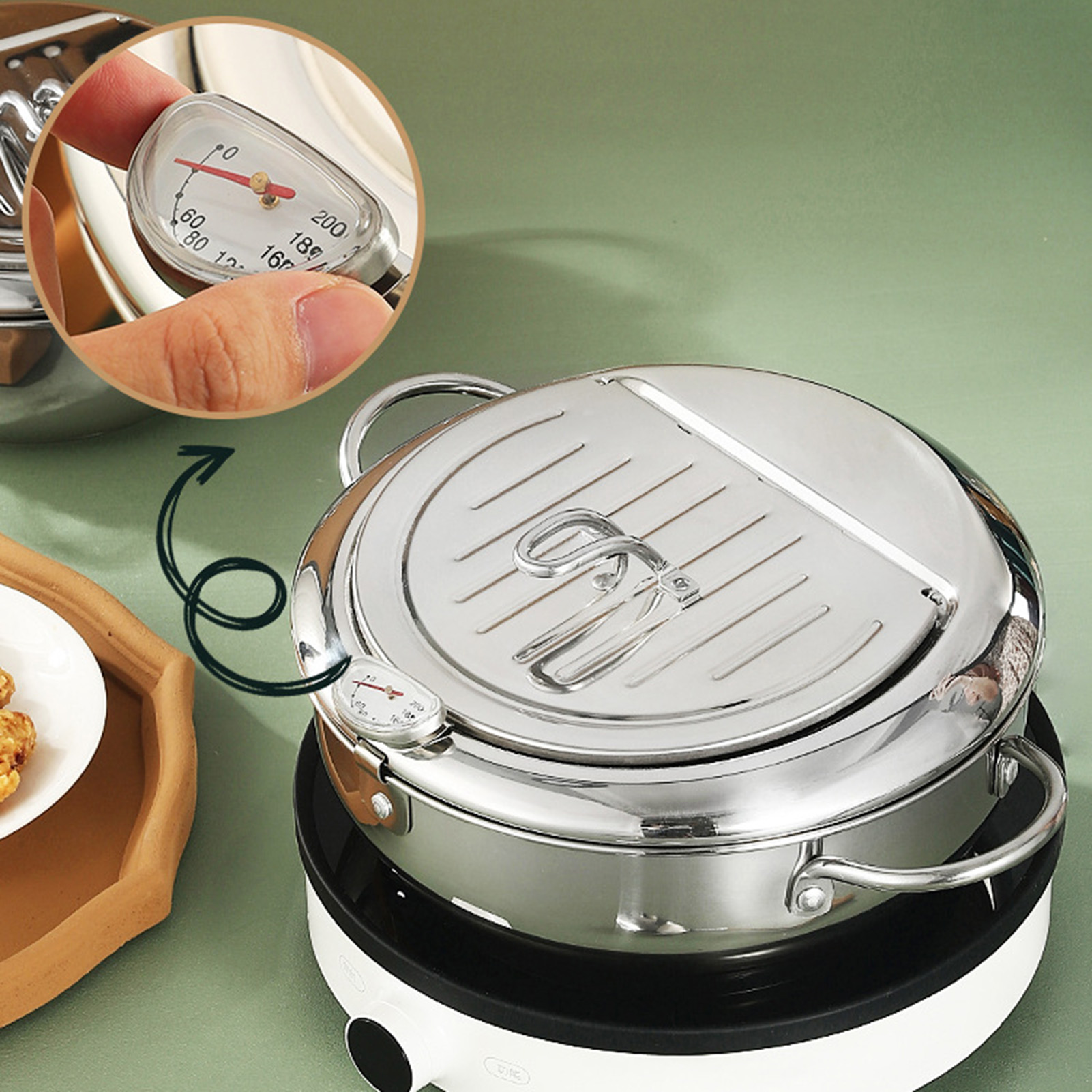 Japanse Frituurpot 201 Roestvrijstalen Keuken Tempura Friteuse Pan Temperatuurregeling Gebakken Pot Keukenaccessoires 20/24Cm