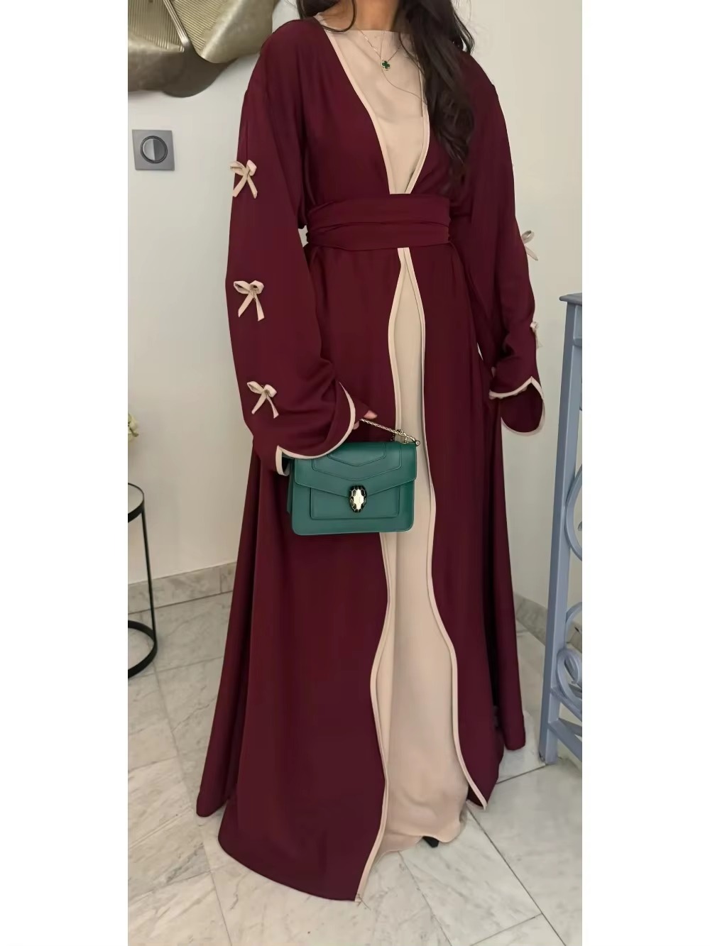 Turkije Dubai Arabische Moslim Vrouwen Jurk Boog Abaya Caftan Lace-up Bloemen Jurken Islamitische Pakistan Marokkaanse Kaftan Elgeant Gewaad: XL / Rood