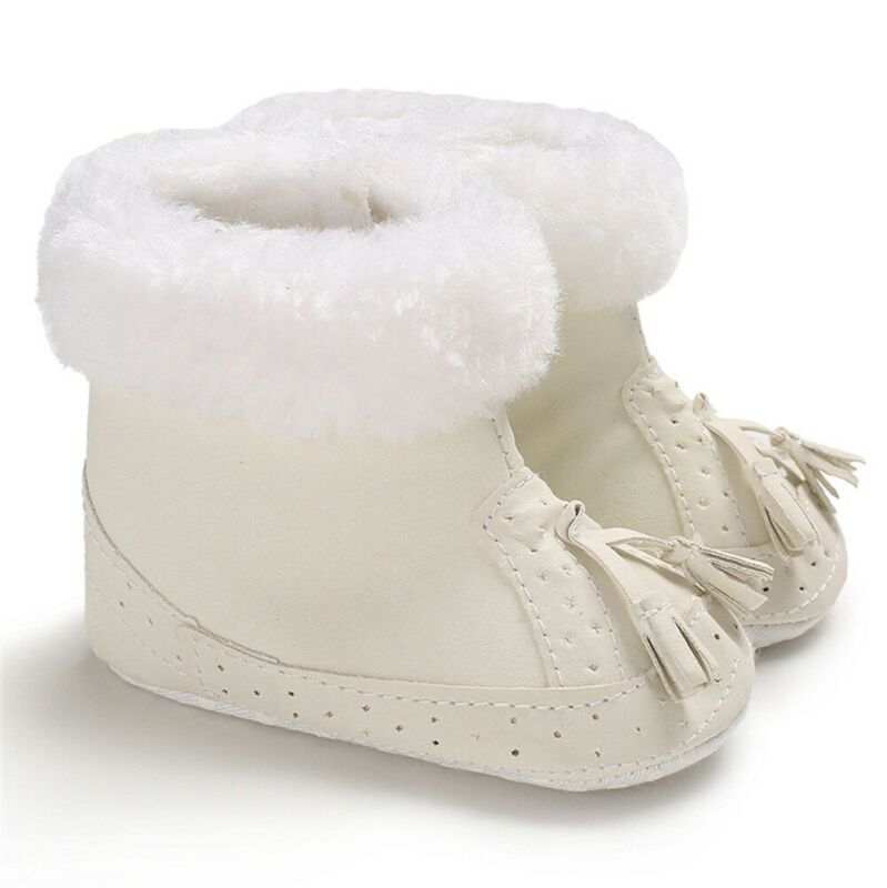Enfant en bas âge bébé fille chaussures chaudes berceau souple semelle souple chaussures en cuir glands bottes -né enfant bébé hiver bottes de neige: WHITE / 7-12 mois