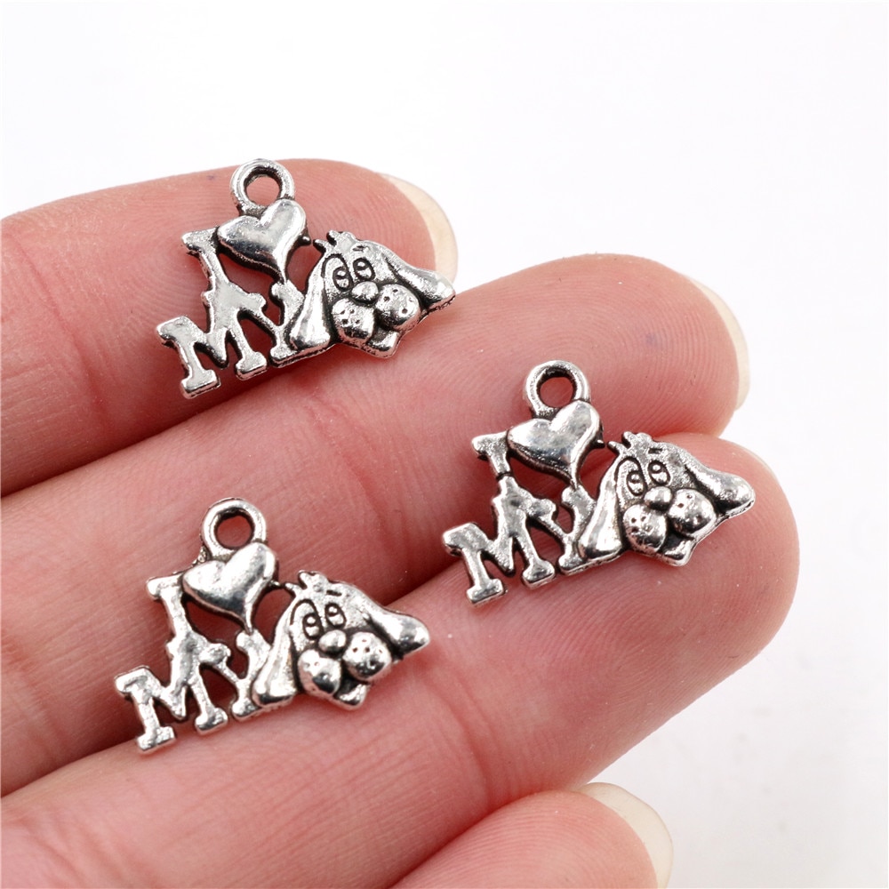 18x15mm 30pcs/lot Antique Silver Plated I Love My Dog Handmade Charms Pendant:DIY for bracelet necklace-R2-21