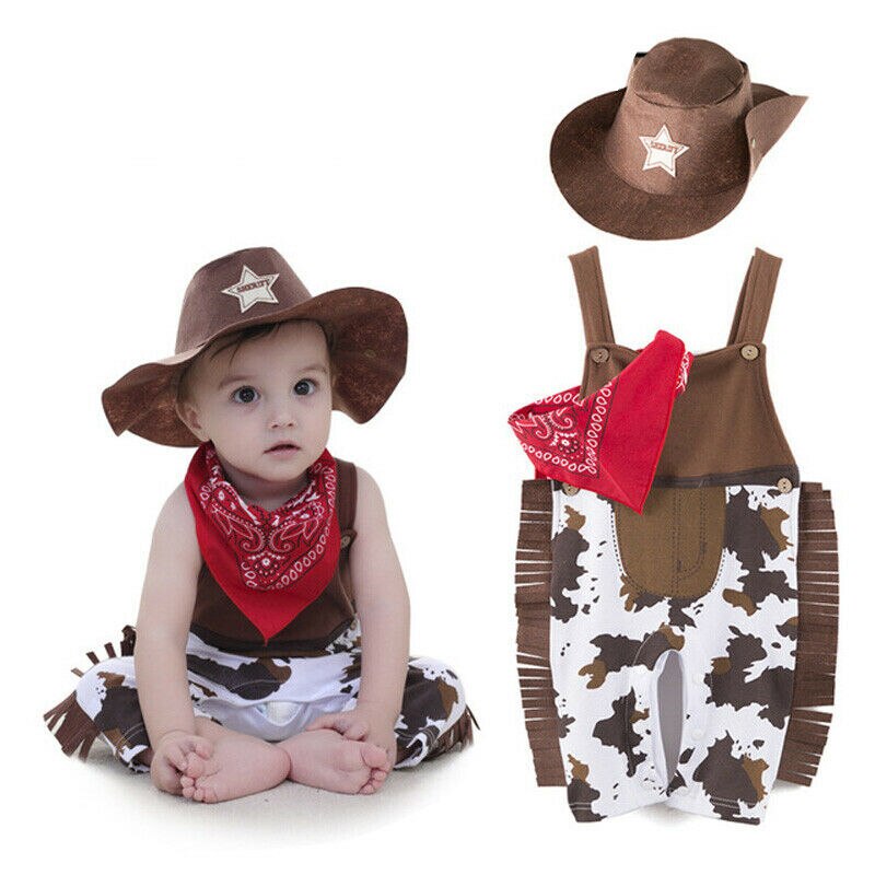 Pudcoco Neue 3Pcs Neugeborenen Baby Boy Cowboy Jungen Overall + Hut + Schal Outfits Fotografie Kostüm