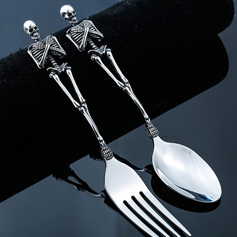 Halloween fest gavestitanium stål skelet kraniet gaffel ske bordservice vintage middagsbord bestik sæt bestik sæt håndværk