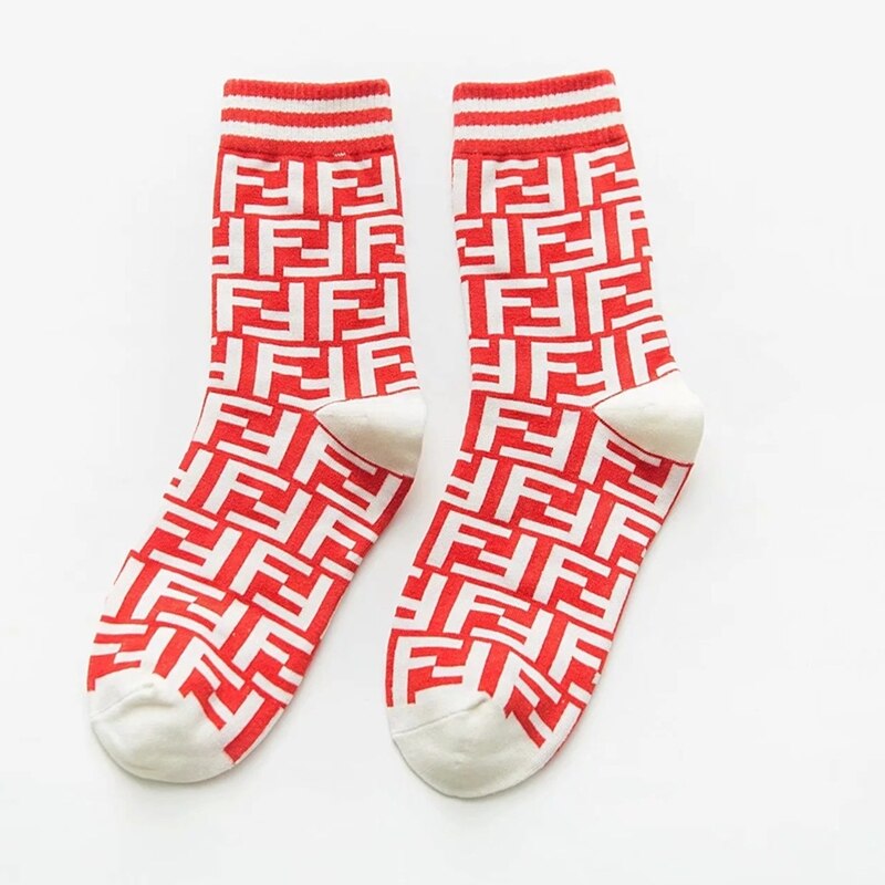 Women F Pattern Cotton Ins Crew Socks Street Style Sport Dress Sox: Red