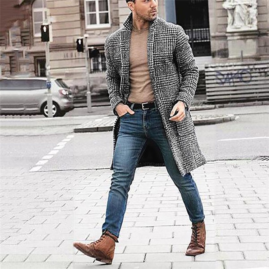 Heren Trenchcoat Jas Vest Plaid Print Jas Mannen Toevallige Winter Mode Hounstooth Heren Lange Jas Jas Uitloper