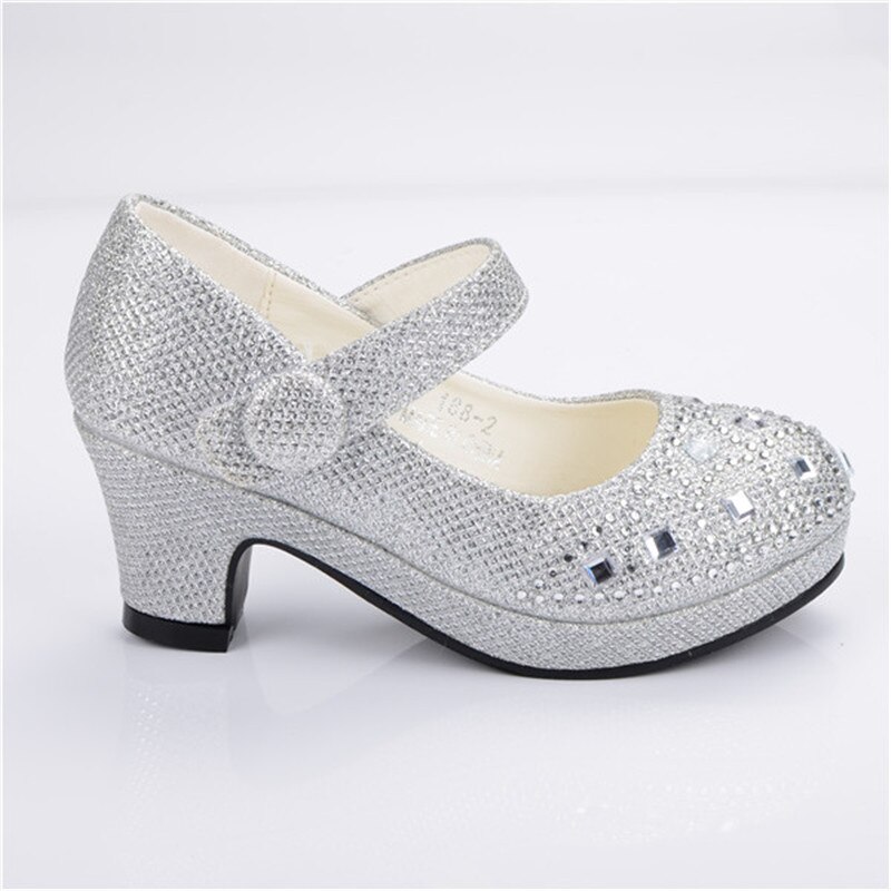 Zapatos con purpurina ULKNN para niñas, niños, Lazo de cristal, tacones altos brillantes, zapatos de princesa, zapatos nuevos de Boca de pescado para niñas, tacón alto, oro plateado: silver / 9