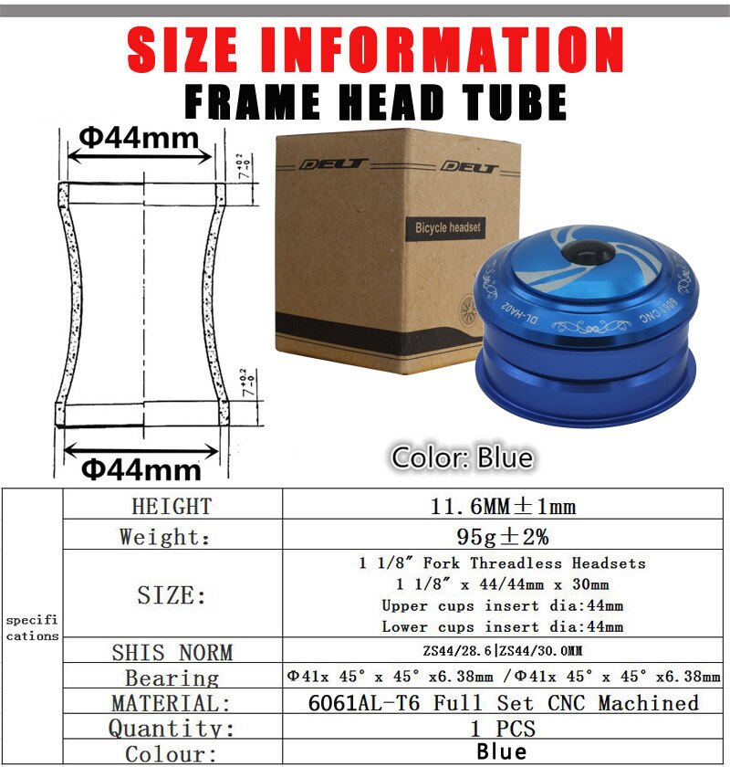 DH FR-piñón fijo para bicicleta de montaña, sin rosca, 44x28,6mm (1-1/8 "), 2 rodamientos, accesorios dorados: blue