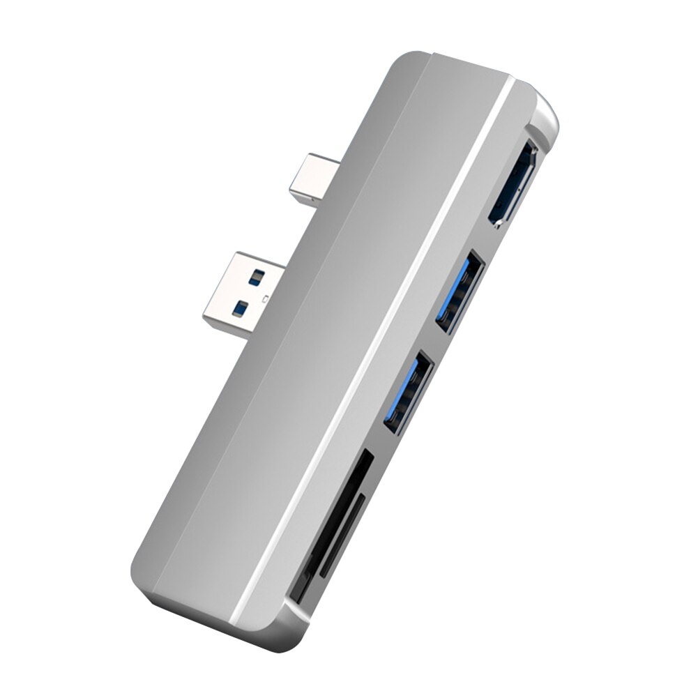 Hub USB 5 en 1 para Surface Pro 6/ Pro 5/ Pro 4 con 4K HDMI, compatible con 5 puertos USB 3,0, adaptador de lector de ranura para tarjeta de memoria: Plata