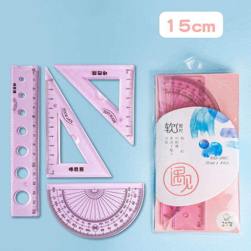 4pcs Combination Ruler Set Multifunctional Soft rubber Ruler student stationery set Children plastic ruler drawing tool: 15cm suit B1
