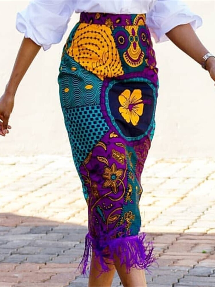 Kvinder sommer print nederdel vintage blomster afrikansk højtalje kvast klassisk beskeden retro jupes falads