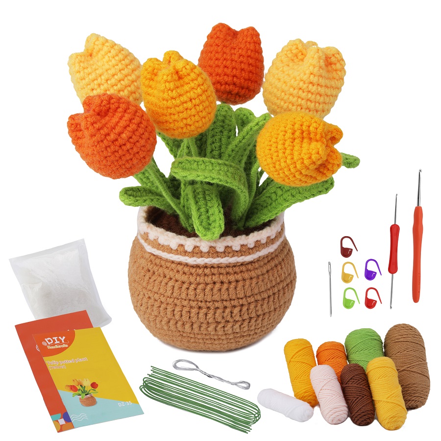 Paquete de material de ganchillo en maceta con forma de tulipán con gancho de ganchillo de hilo y relleno para principiantes y amantes de la artesanía