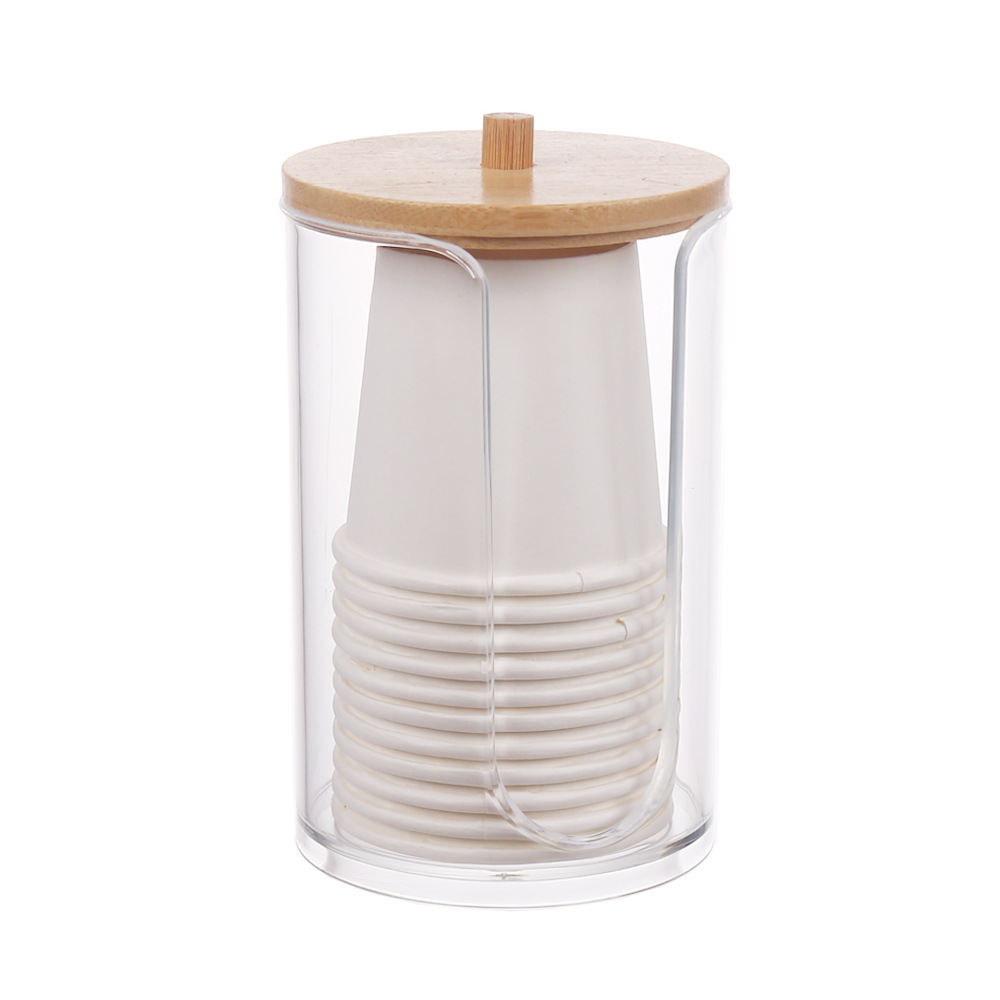 Wegwerp Bekers Dispenser Plastic Bekerhouder Voor Water Dispenser Cup Opbergrek Cups Container Met Bamboe Deksel: transparent