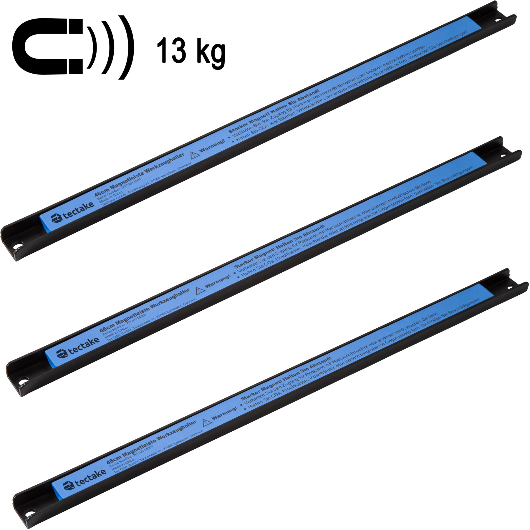 Tectake 3 bandas magnéticas - soporte magnético para herramientas, banda magnética de acero con imán para sujetar herramientas, barra magnética para atornillar a pared, imán para tornillos y utensilios, tira magnética