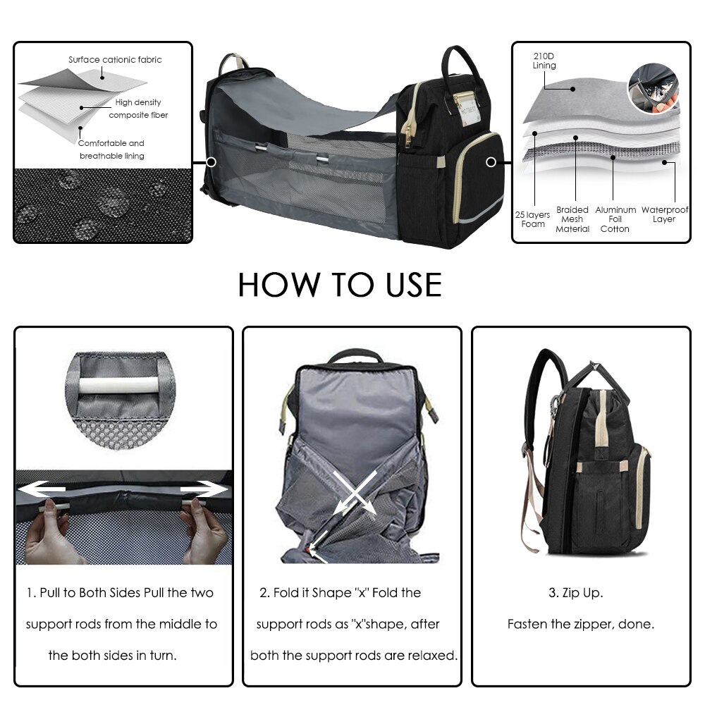 Diaper Bag Multifunctional Mom Baby Folding Bed Rucksack Mom Dads USB Backpack Nursing Handbag Stroller Traveling Knapsack