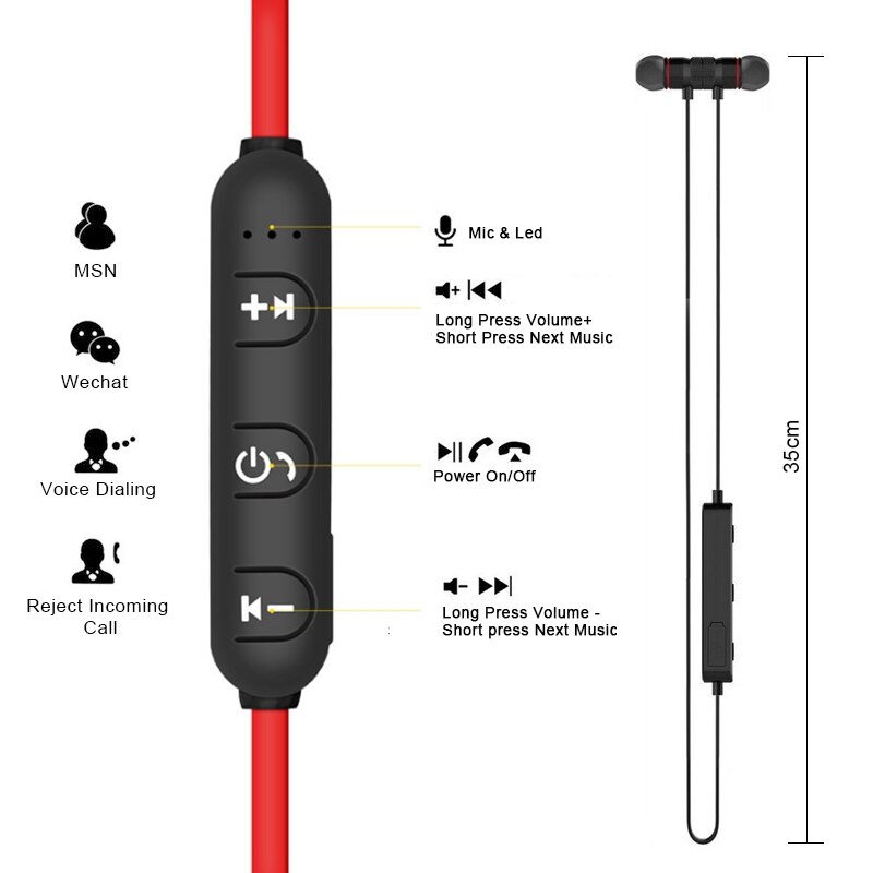 Zwart/Rode Magnetische Sport Stereo Bluetooth Headset Wireless Sweat Proof Bluetooth Headset Ruisonderdrukking Koptelefoon 1Pcs
