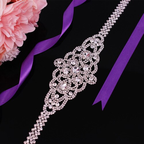 Bridal Belts with Silver Diamond Crystal Bridal Wedding Accessories Belts for Women Wedding Gown: Purple Ribbon Belt