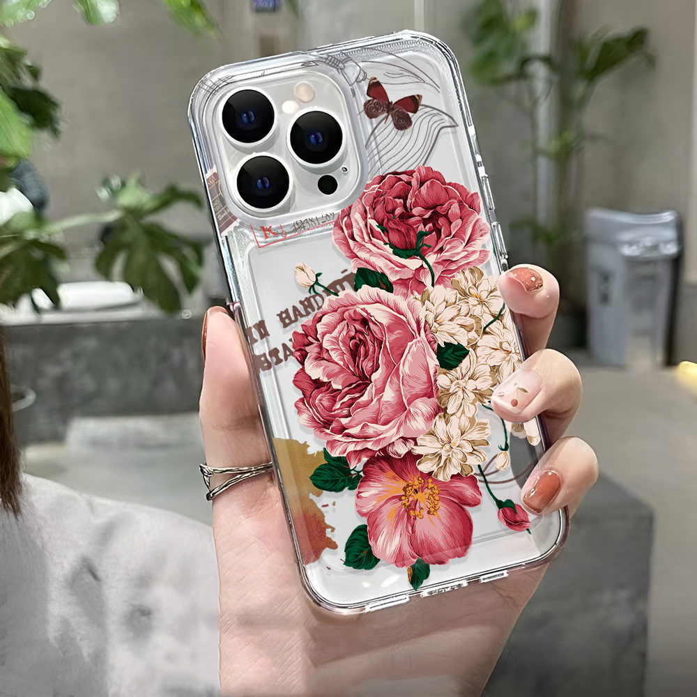 Funda de teléfono transparente con flores de lujo para Apple iPhone 16 15 14 13 12 11 Pro Max SE , funda trasera dura transparente