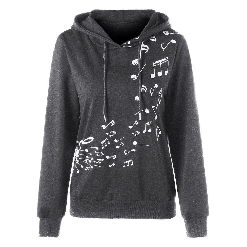 Women's Loose Hoodies Long Sleeve Sweatshirt Musical Note Printing Hoodie Pullover Winter Warm Sport Casual Sweater Tops: M / Gray