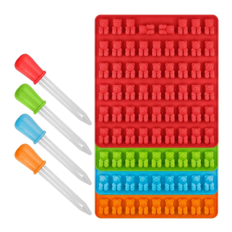 53 håligheter färgglada silikon björn gummy godis mögel med 4 dropper för diy godis, gelé, kaka, choklad, is  -4 pack