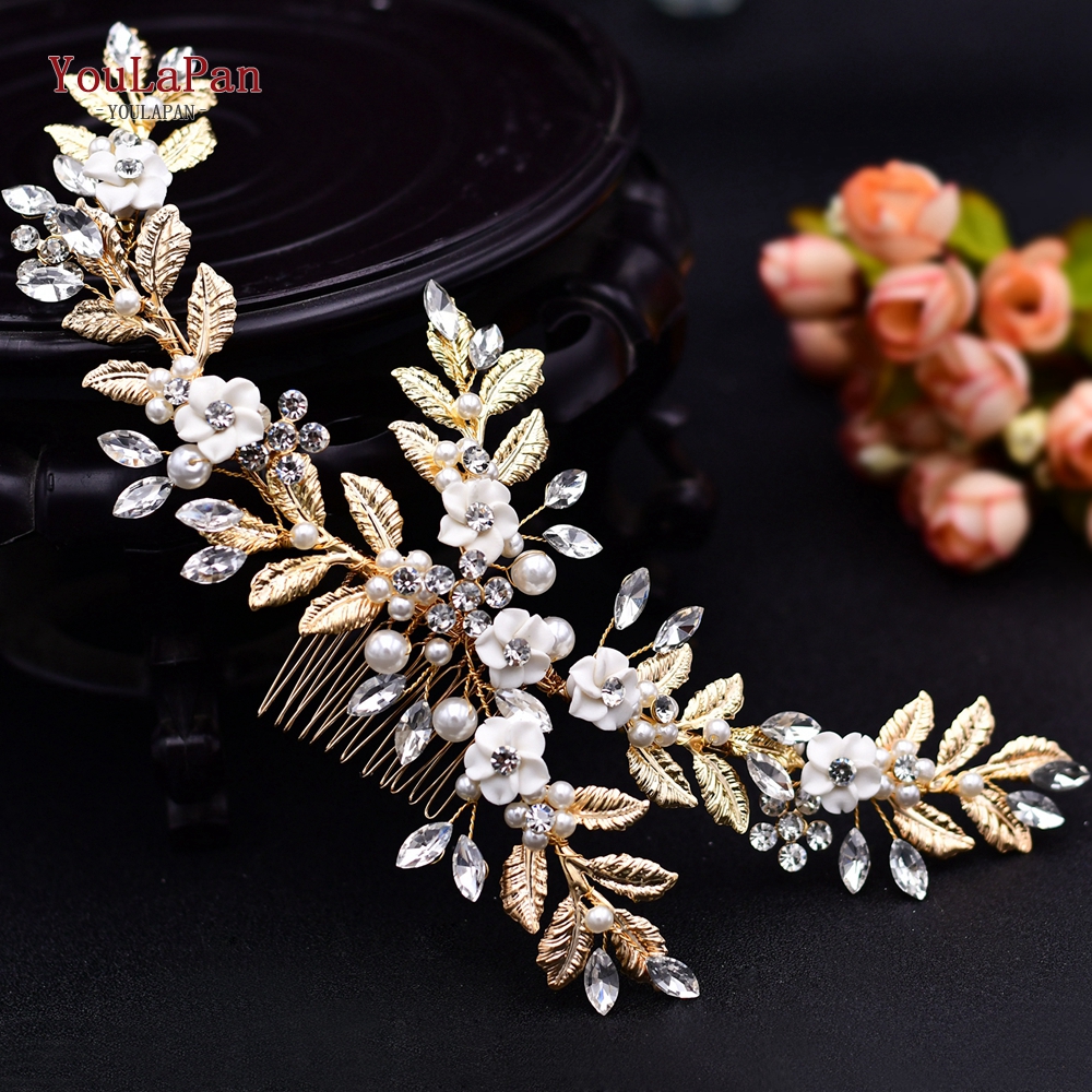 Topqueen-acessórios de cabelo hp301, estilo indiano, para noivado, fabricado em liga de flores, coroa e tiaras, prata, para casamento: HP368-Gold