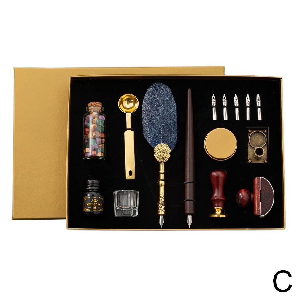 Vintage Feather Dip Fountain Pen Sets Calligraphy Writing Stamp Pen Set Ink Blotter Stationery Pen Holder Supplies Dip Scho M5r8: Navy