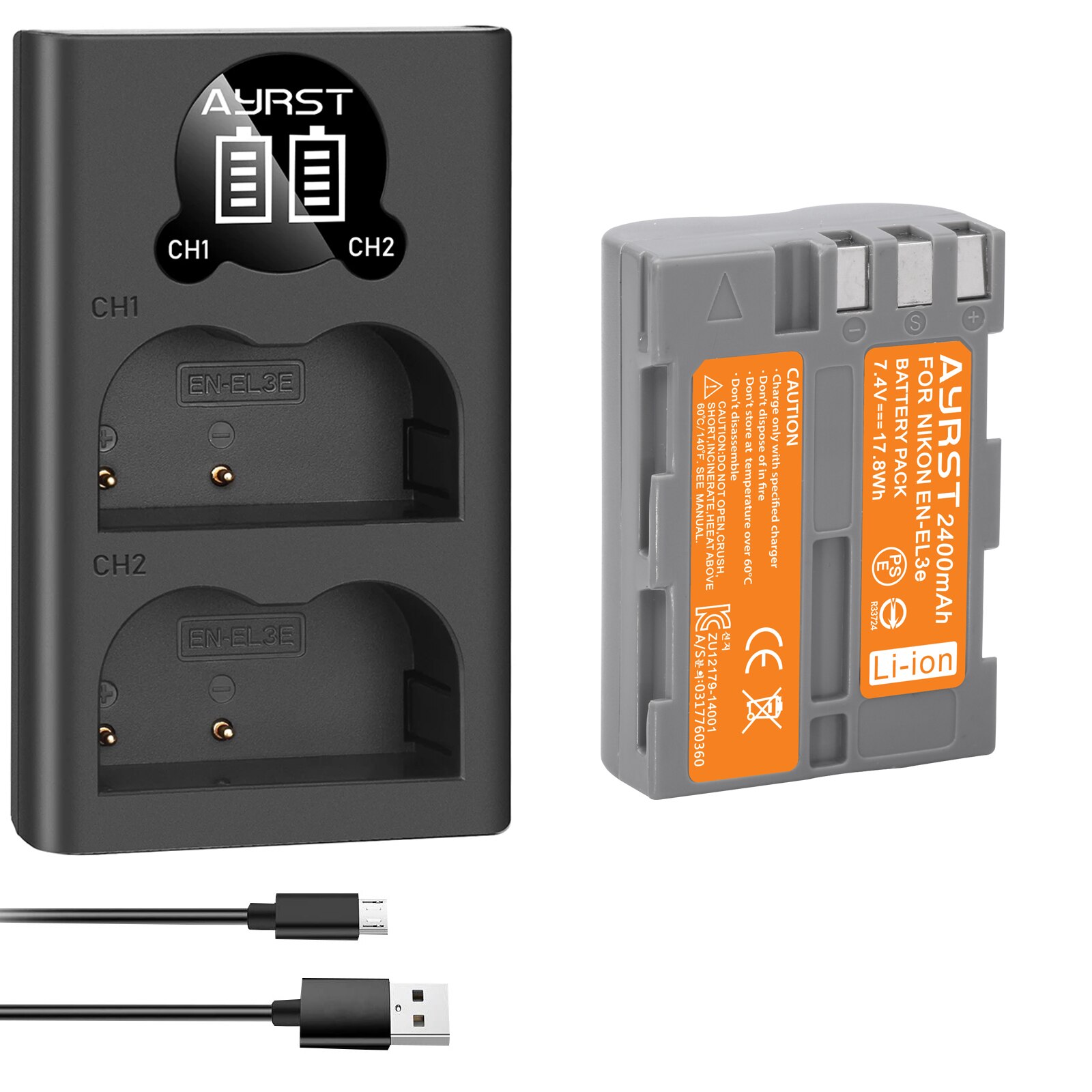 2Pcs 2400mAh EN-EL3e EN EL3e ENEL3e EL3E Batteries and Charger For Nikon D30 D50 D70 D70S D90 D80 D100 D200 D300 D300S Battery: 1batteryand1charger