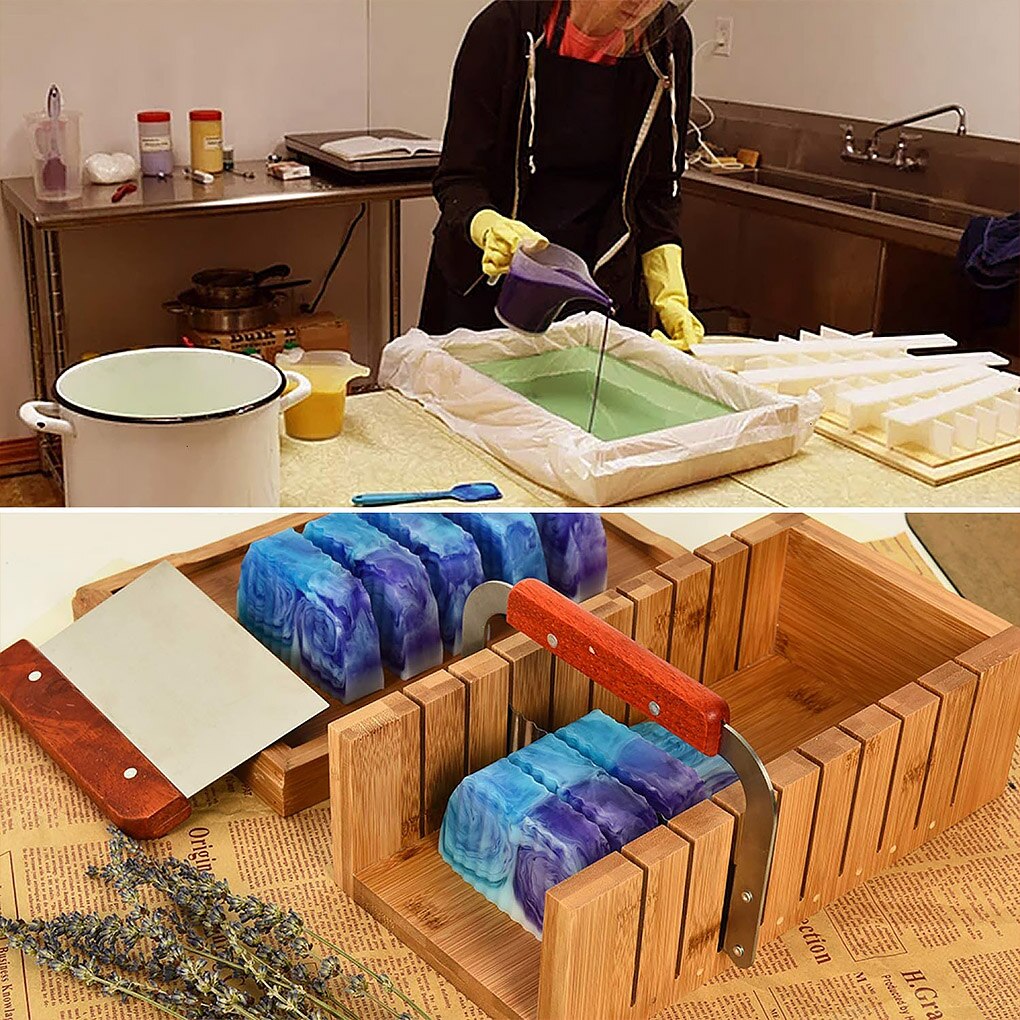 3Pcs Zeep Maken Tools Set Verstelbare Houten Zeep Cutter Box Rvs Wax Zeep Slicer Golvend Messen Zeep Maken kits