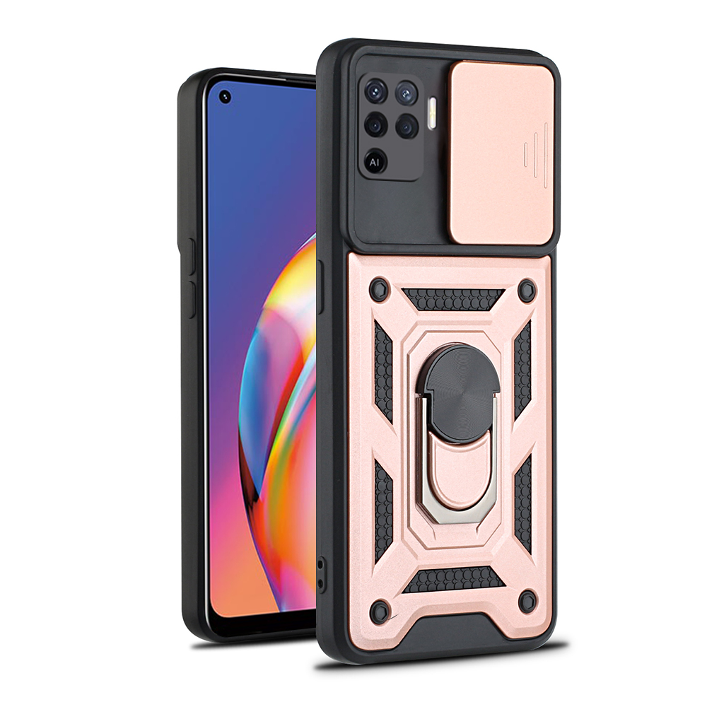 Armor metal case for oppo reno 5 lite 5 6 5g f-ringhållare med stativ fodral för reno 4 reno 4 lite 5f push-pull-skal: Duk / Klar