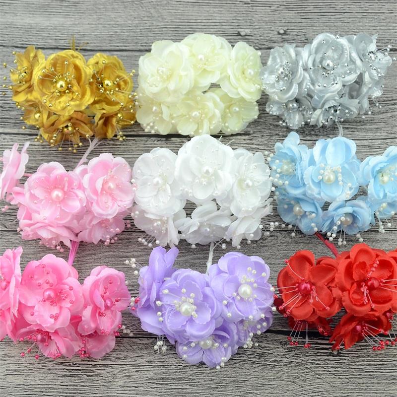 12 unidades/lote estambres de perlas Mini ramo de flores artificiales de seda de color rosa para decoración de boda DIY, accesorios para tocado de flores de novia: 2 colors MIX