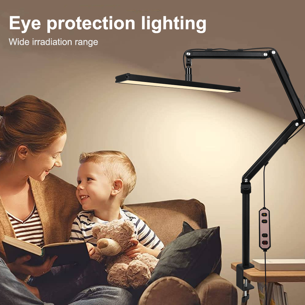Lampada da scrivania a LED 3000K-6000K con morsetto 1400LM Lampada da banco da lavoro con braccio oscillante in metallo luminoso e accattivante per gli occhi Doppio adattatore/porta USB per ufficio