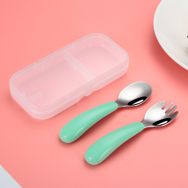 Baby Tableware Set Infant Food Feeding Spoon Fork Gadgets 304 Stainless Steel BPA Free Toddler Cartoon Dinnerware Cutlery: Green Set