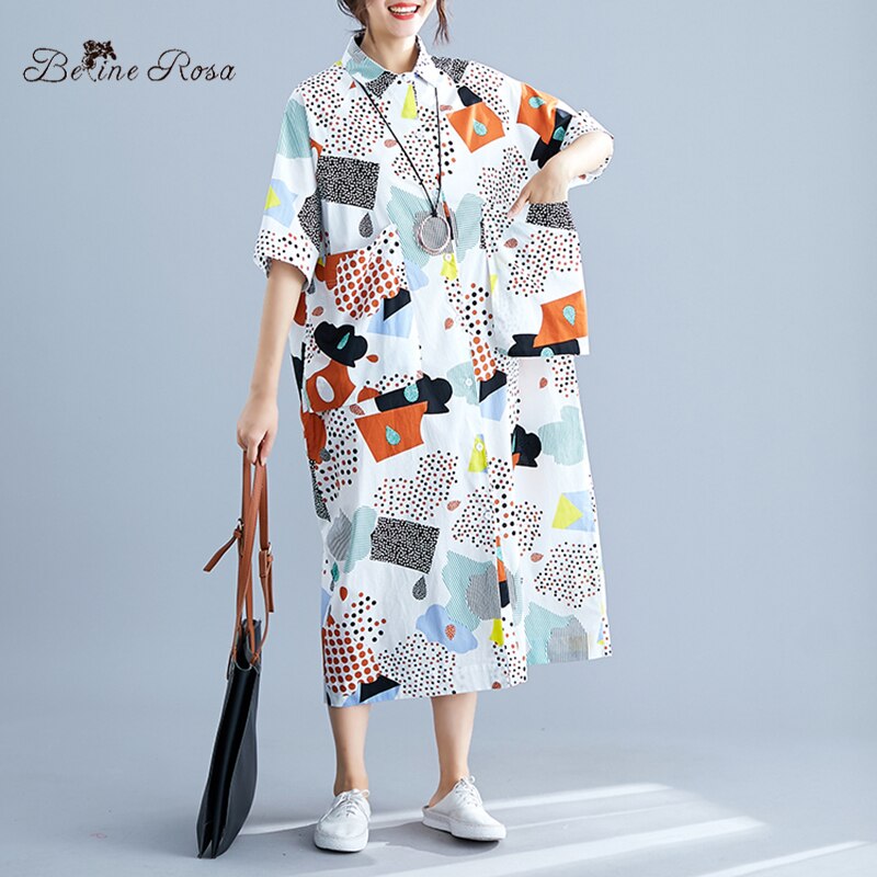 BelineRosa vrouwen Geometrische Patroon Print Vrouwen Blouse Jurken Zomer Mode Losse Lange Shirt Jurken Vrouwelijke XE000097