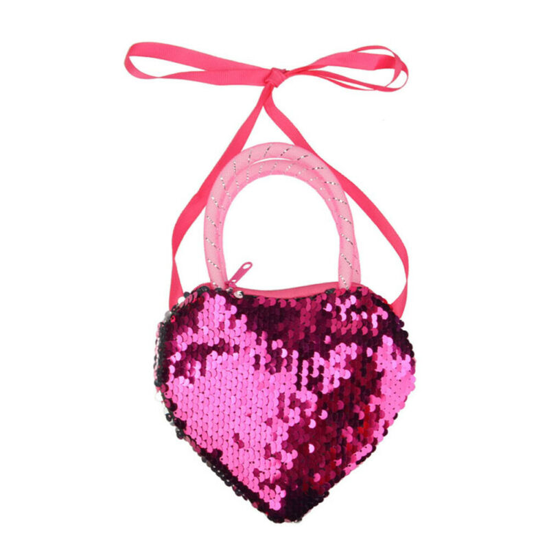 Sweet Girls Kid Sequin Heart Shaped Ribbon Long Strap Purse Coin Handbag Pocket Bag