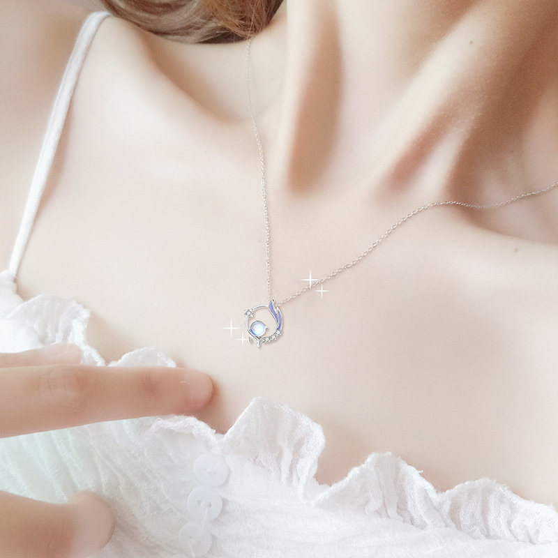 VOQ zilveren kleur ketting fantasie maansteen hanger ketting dames sleutelbeen ketting hoge sieraden cadeau