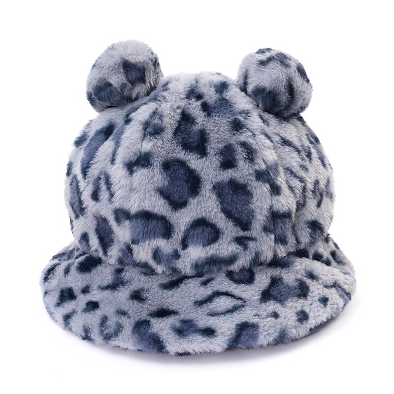 Vinter leopard bjørn øre spand hat kvinder tyk varm imiteret pels fiskekasketter bob piger plys blød panama vinter hat: Gråt leopard øre