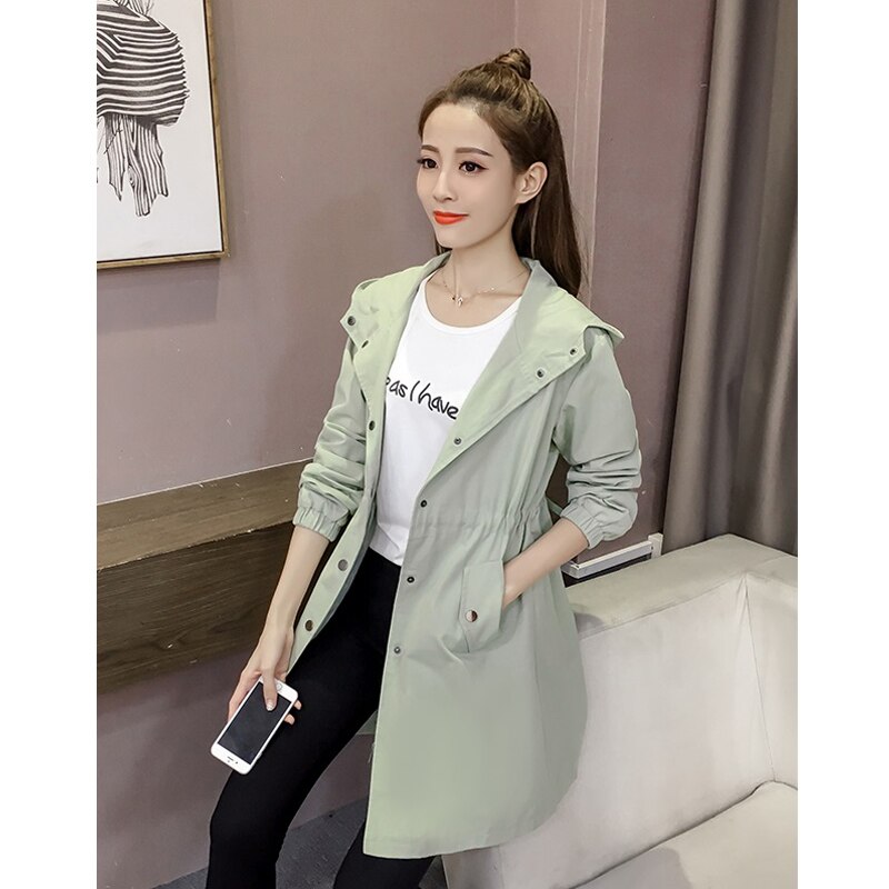 Kvinders trenchcoat forår efterår kvindelige outwear kausal lange ærmer med hætte slim dame vindjakke  q90